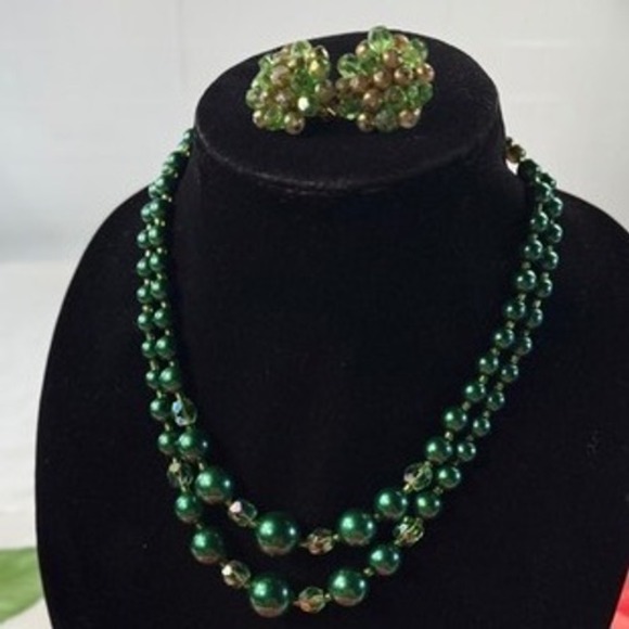 Vintage Japan Jewelry - Vintage Japan Emerald‎ Green Faux Pearl Crystal Double Strand Necklace Earrings